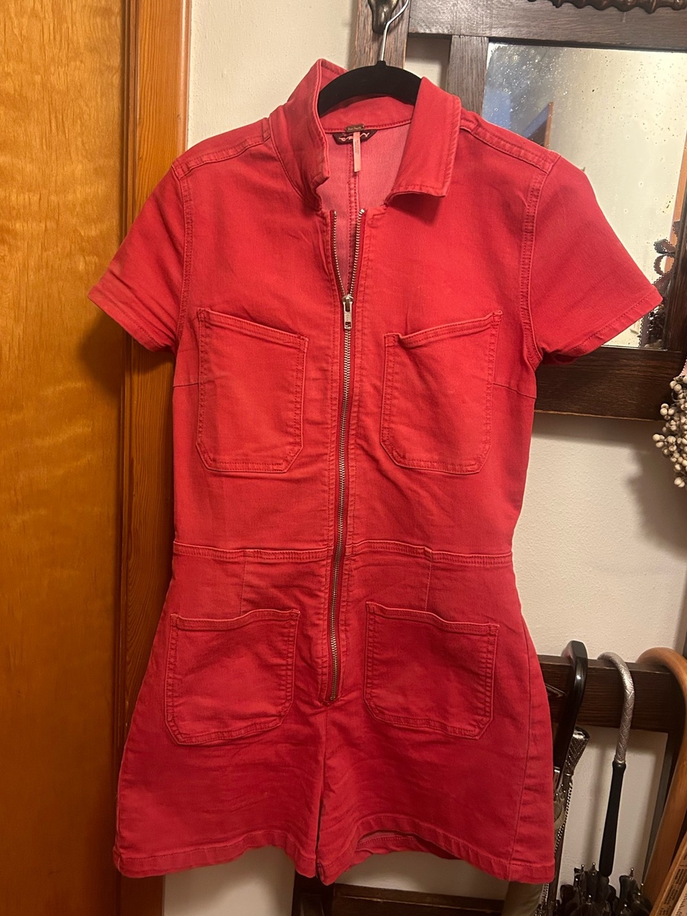 Free People Red Denim Romper